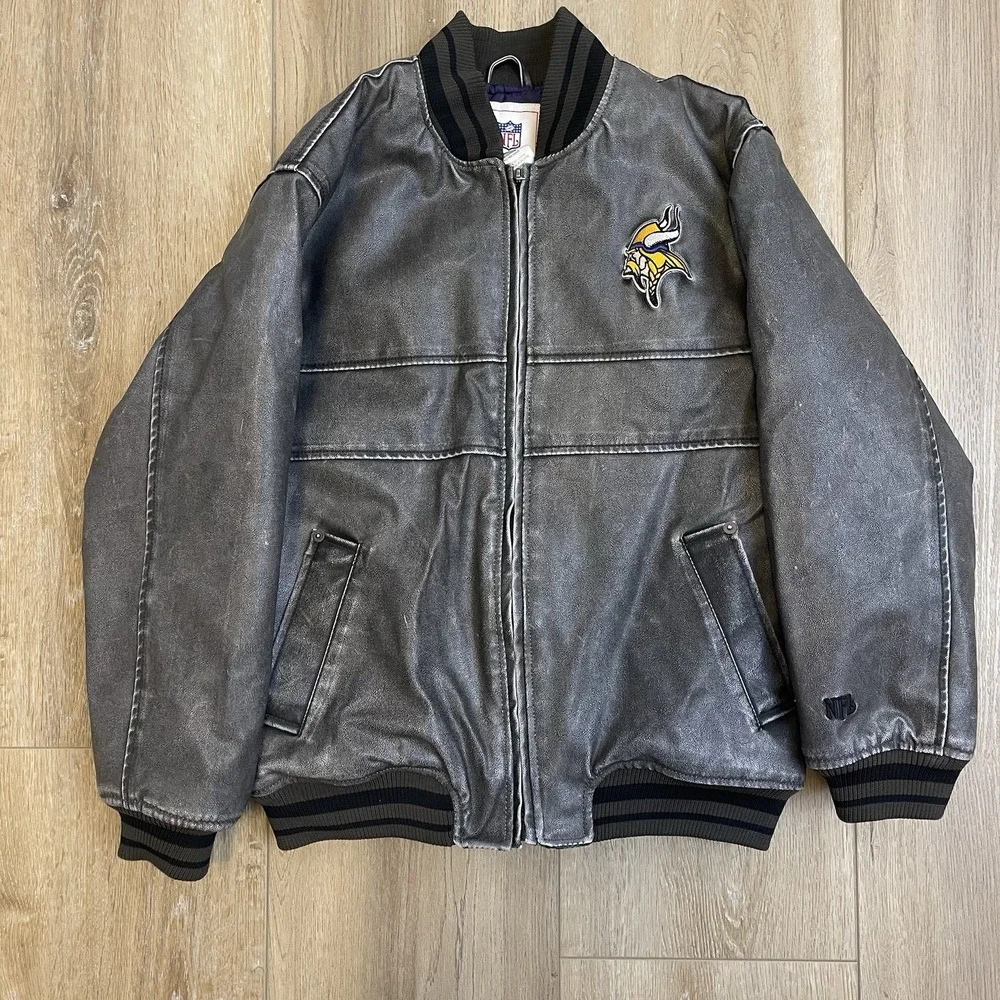 Vintage Minnesota‎ Vikings Faux Leather Bomber Jacket Charcoal Gray Youth Boys